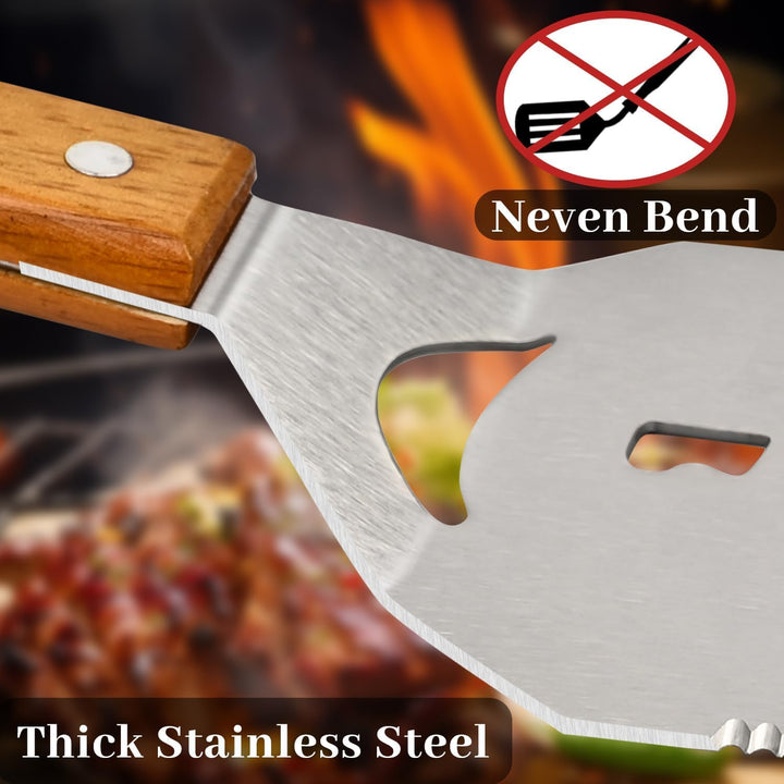 Grillbesteck-Set, 42cm Edelstahl-Spachtel mit Flaschenöffner, Holzgriff, Grillzubehör für draussen,