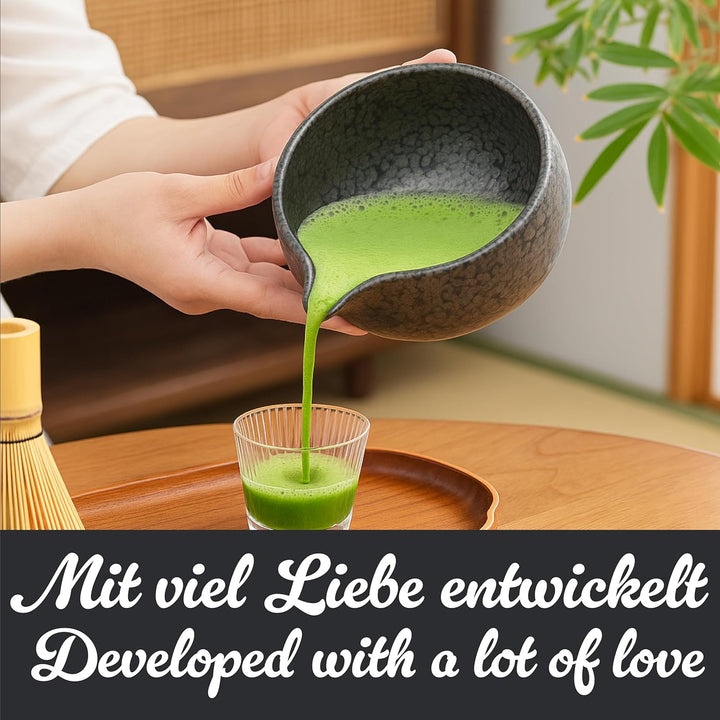 Goodwei Matcha-Set komplett mit hochwertiger Matcha Schale aus Keramik mit Ausgiesser, Matcha Besen