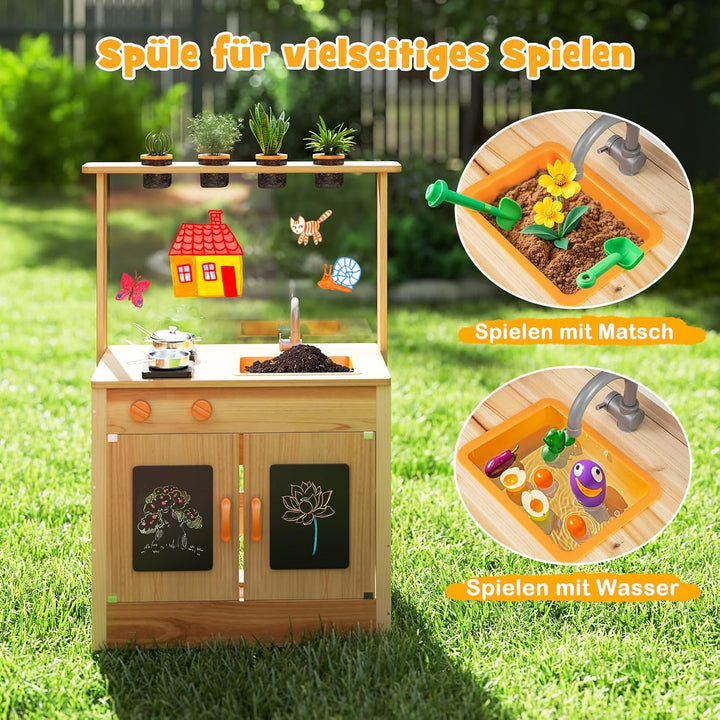 DREAMADE Matschküche Kinder Outdoor, Kinderküche mit Tafel & Acryl-Tafel & Pflanzentöpfen & Herd & S