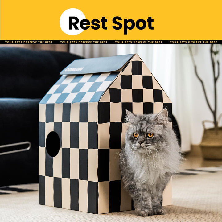 Conlun Katzenhaus mit Kratzbrett &amp; Katzenminze, Leicht zu Montieren - Kratzhöhle für Wohnungskatzen,