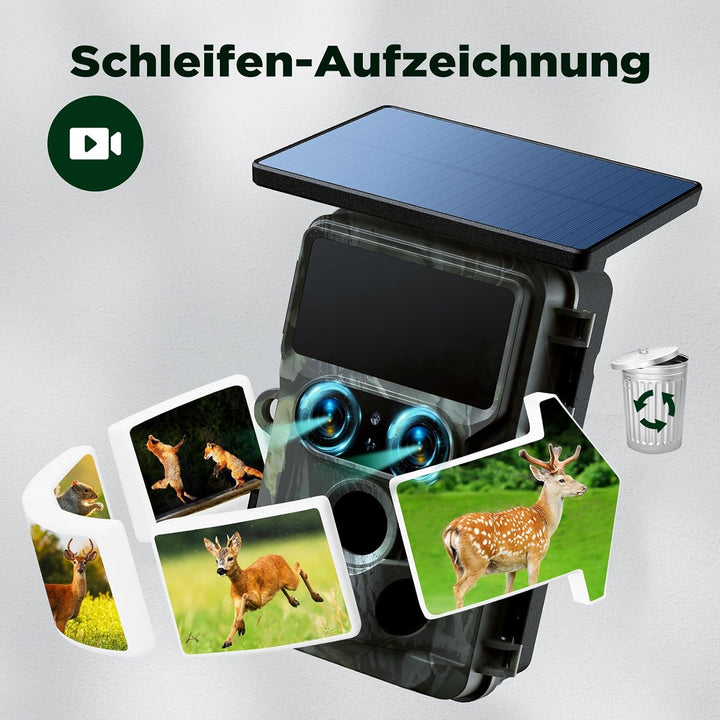 VOOPEAK Duales Objektiv Solar Wildkamera WLAN 4K 30FPS 60MP, Wildtierkamera mit Sternenlicht Nachtsi