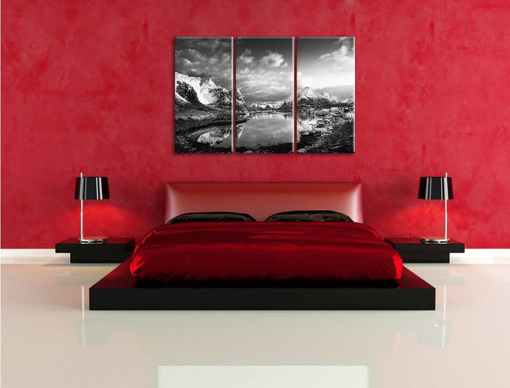 Pixxprint Schneelandschaft in einem Dorf in Norwegen Kunst B&W 3-Teiler Leinwandbild 120x80 Bild auf