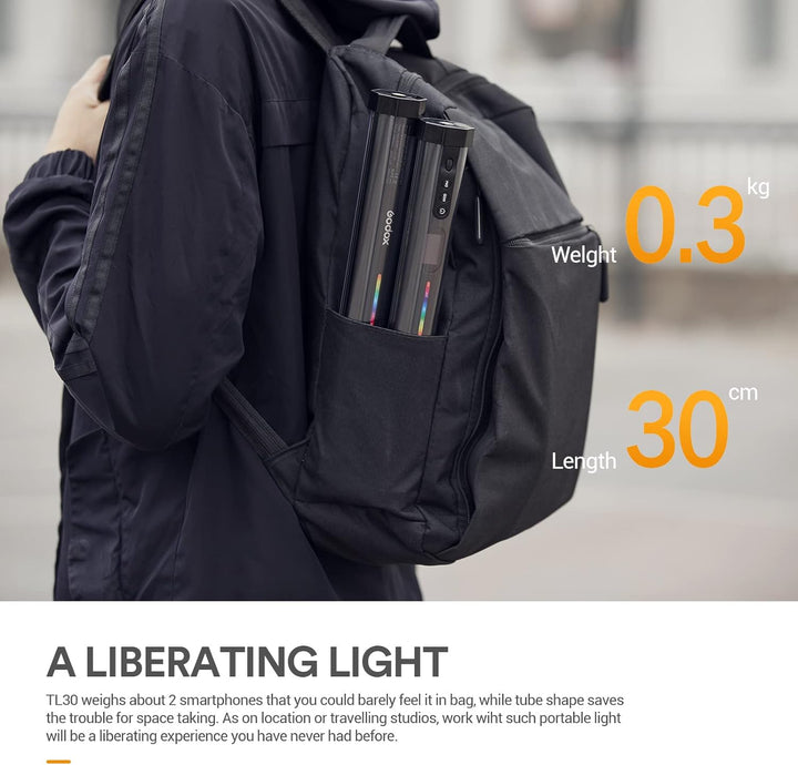 Godox TL30 RGB LED-Licht Stick, CRI 97 und TLCI 99, Tube Light mit RGB/CCT/HSI/FX-Modus, 2700k-6500K