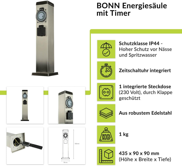 Licht-Erlebnisse Energiesäule Edelstahl in Silber IP44 Garten 43,5 cm hoch mit Zeitschaltuhr Steckdo