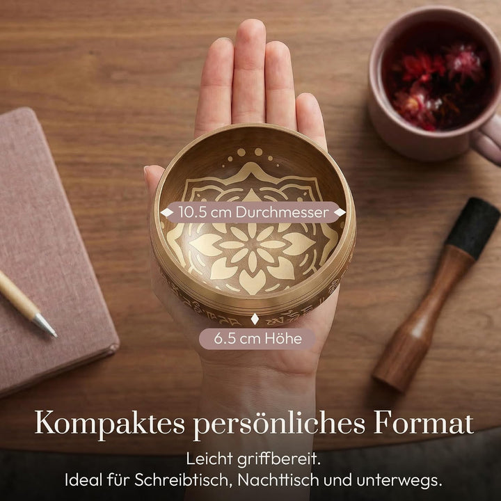 Silent Mind Klangschale Ø10cm Bronze – Handgefertigtes Komplett-Set mit Kissen und Klöppel, für Anfä