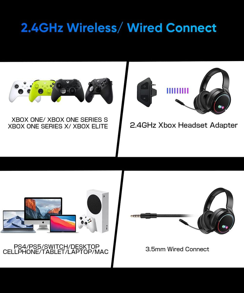 2,4GHz Kabelloses Gaming-Headset mit Xbox-Adapter, 7.1 Surround Sound, Over-Ear Kopfhörer mit Mikrof