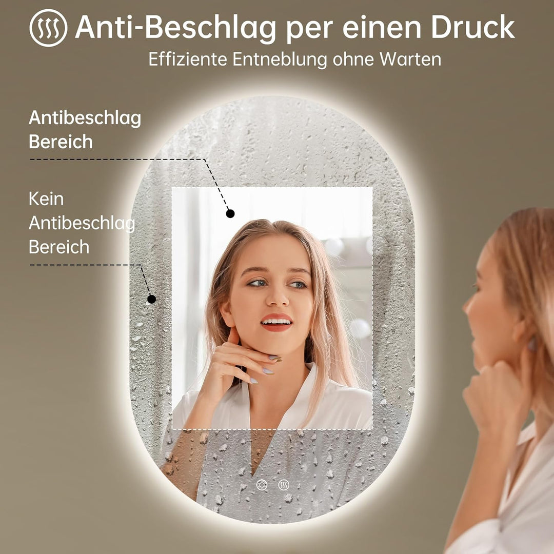 Spiegel mit Beleuchtung Oval LED Badspiegel 50 x 75 cm mit Touch-Schalter, Dimmbar 3 Lichtfarbe Eins