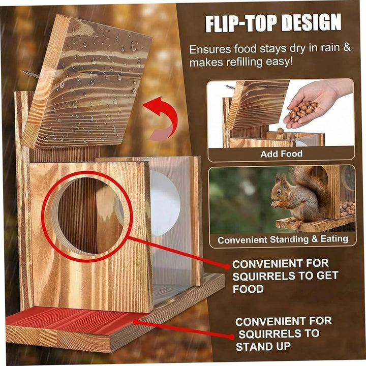 Eichhörnchen-Futterspender für den Aussenbereich, Klappdeckel-Eichhörnchenbox aus Holz mit klarem Fe
