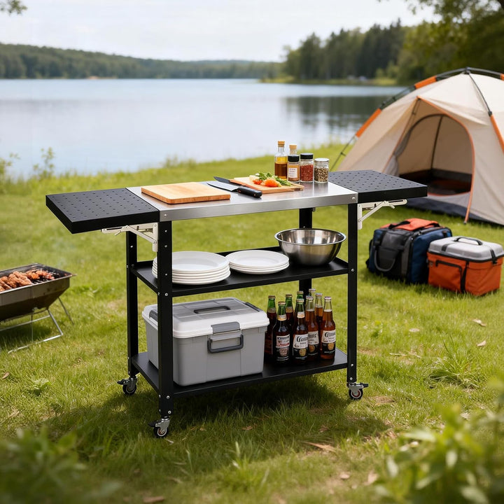 Gourmet Grilltisch Klappbar Servierwagen 3 Etagen Küchenwagen, Edelstahl Grillwagen Beistelltisch Ou