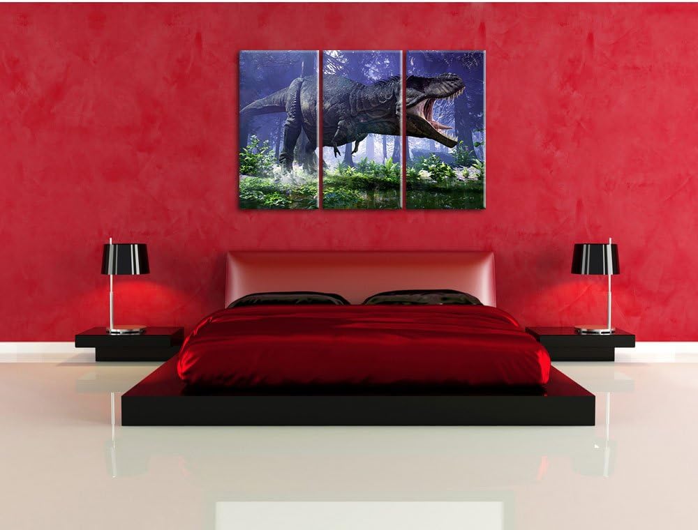 Pixxprint T-Rex Dinosaurier im Wald als Leinwandbild | Grösse: 3 Teilig (120x80) | Wandbild| Kunstdr