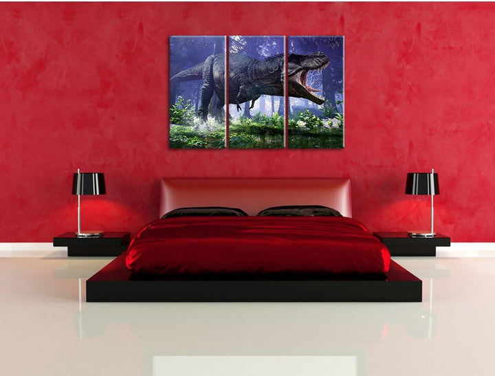 Pixxprint T-Rex Dinosaurier im Wald als Leinwandbild | Grösse: 3 Teilig (120x80) | Wandbild| Kunstdr