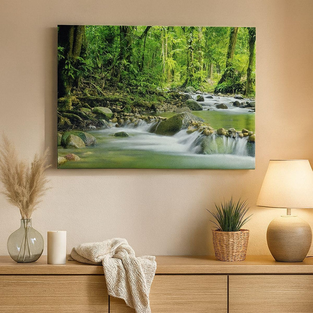 Bilder auf Leinwand 100x70cm Leinwandbild mit Rahmen Stream Wald Natur Gross Wanddeko Bild Schlafzim