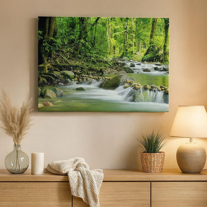 Bilder auf Leinwand 100x70cm Leinwandbild mit Rahmen Stream Wald Natur Gross Wanddeko Bild Schlafzim