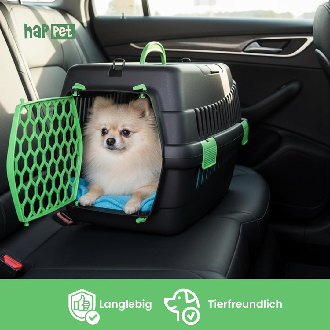 HAPPET Tiertransportbox Teddy M Grün 56x37x37 cm – Robuste, gut belüftete Transportbox für Katzen &