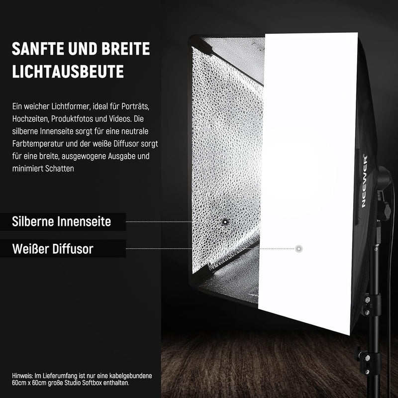 NEEWER 60x60cm Softbox mit E27 Porzellanfassung/CE&UKCA zertifiziertes Netzkabel/weisser Diffusor/St