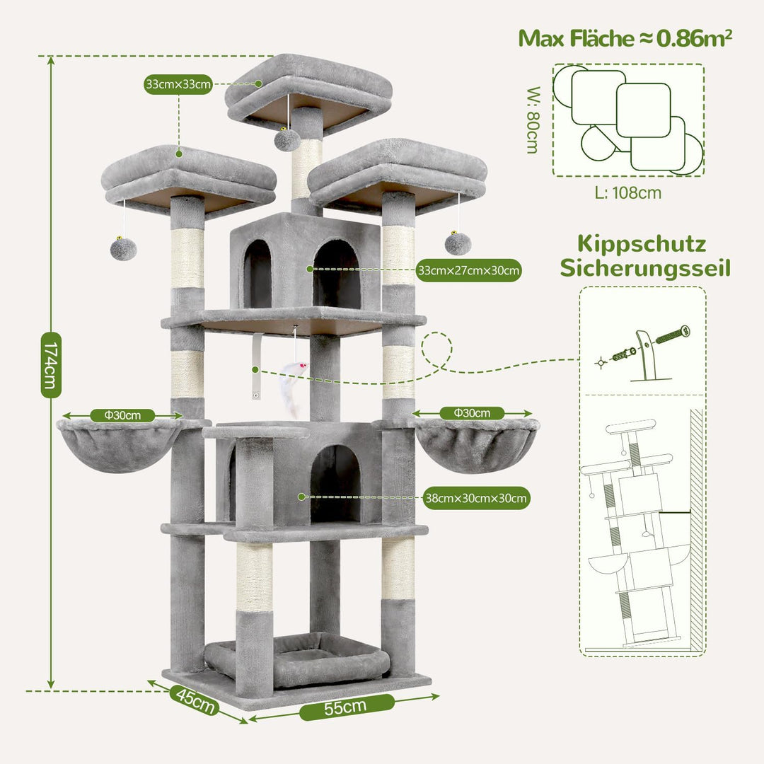 Globlazer Kratzbaum Stabil 174 cm mit 3 Gepolsterte Sitzstangen, 2 Katzenhaus, 2 Korb, Abnehmbares H
