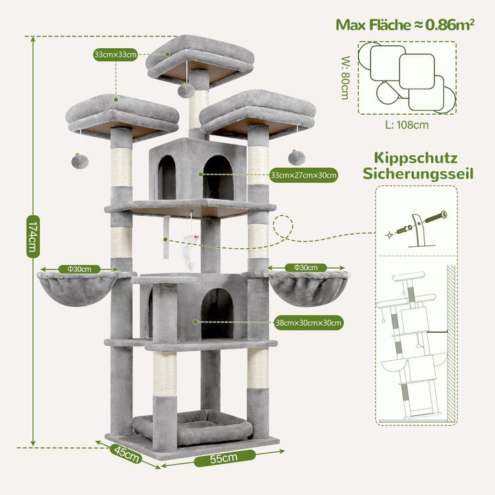 Globlazer Kratzbaum Stabil 174 cm mit 3 Gepolsterte Sitzstangen, 2 Katzenhaus, 2 Korb, Abnehmbares H