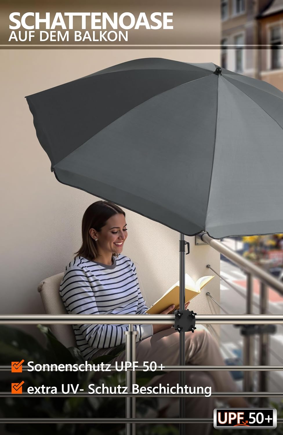 4smile Sonnenschirm Balkon SunnyJoy im 3er-Set - UPF 50+ Balkon Schirm 180 cm + Sonnenschirmhalter B