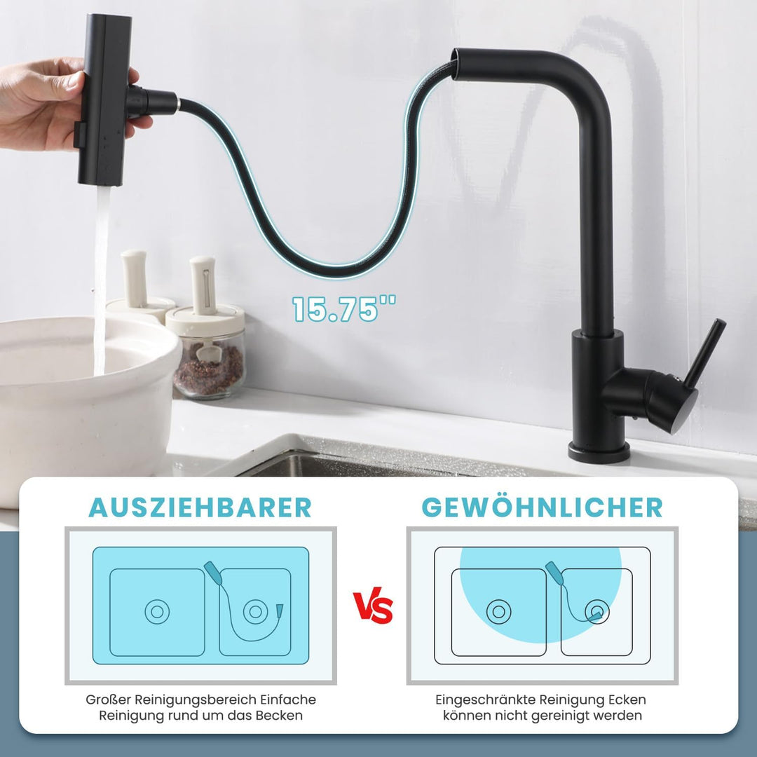 Niederdruck Armatur Küche Ausziehbar,Schwarz Edelstahl,Wasserhahn Küchenarmatur mit 3 Anschluessen f