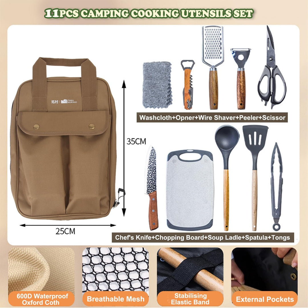 Sadodo Camping Küchenhelfer Utensilien Set 11 Teilig,Mit Organizer Tragtasche,Silikon Edelstahl Koch