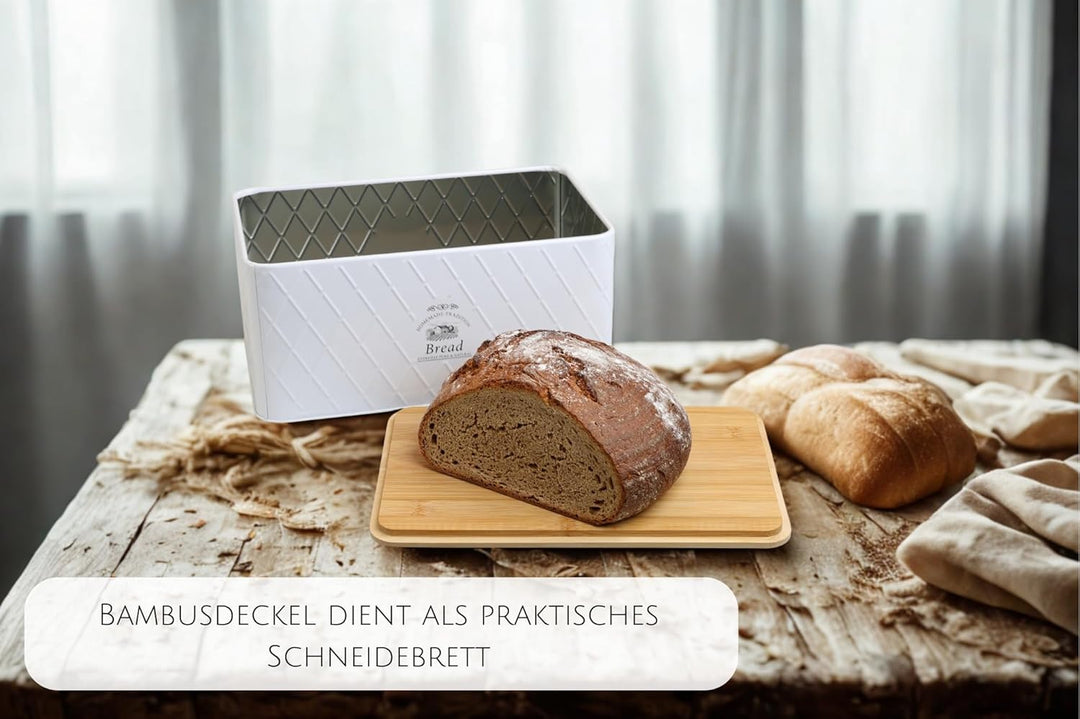 Brotkasten - Rustic Breadvault White, aus Metall mit Bambusdeckel, schöne & rustikale Brotbox mit na