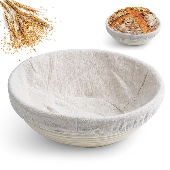 Gärkörbchen Rund, 10 Zoll Gärkörbchen für Brot mit Leineneinsatz, Natürlicher Rattan Gärkorb Brot, B