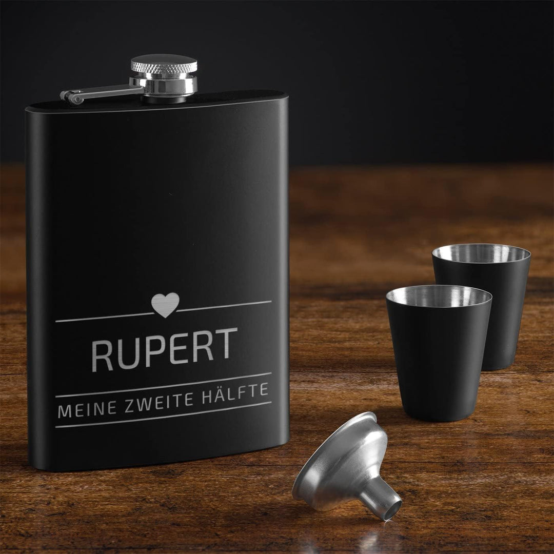 Maverton Flachmann Set 200 ml mit Gravur - Taschenflasche + 4 Schnapsgläsern 20 ml mit Trichter - Br