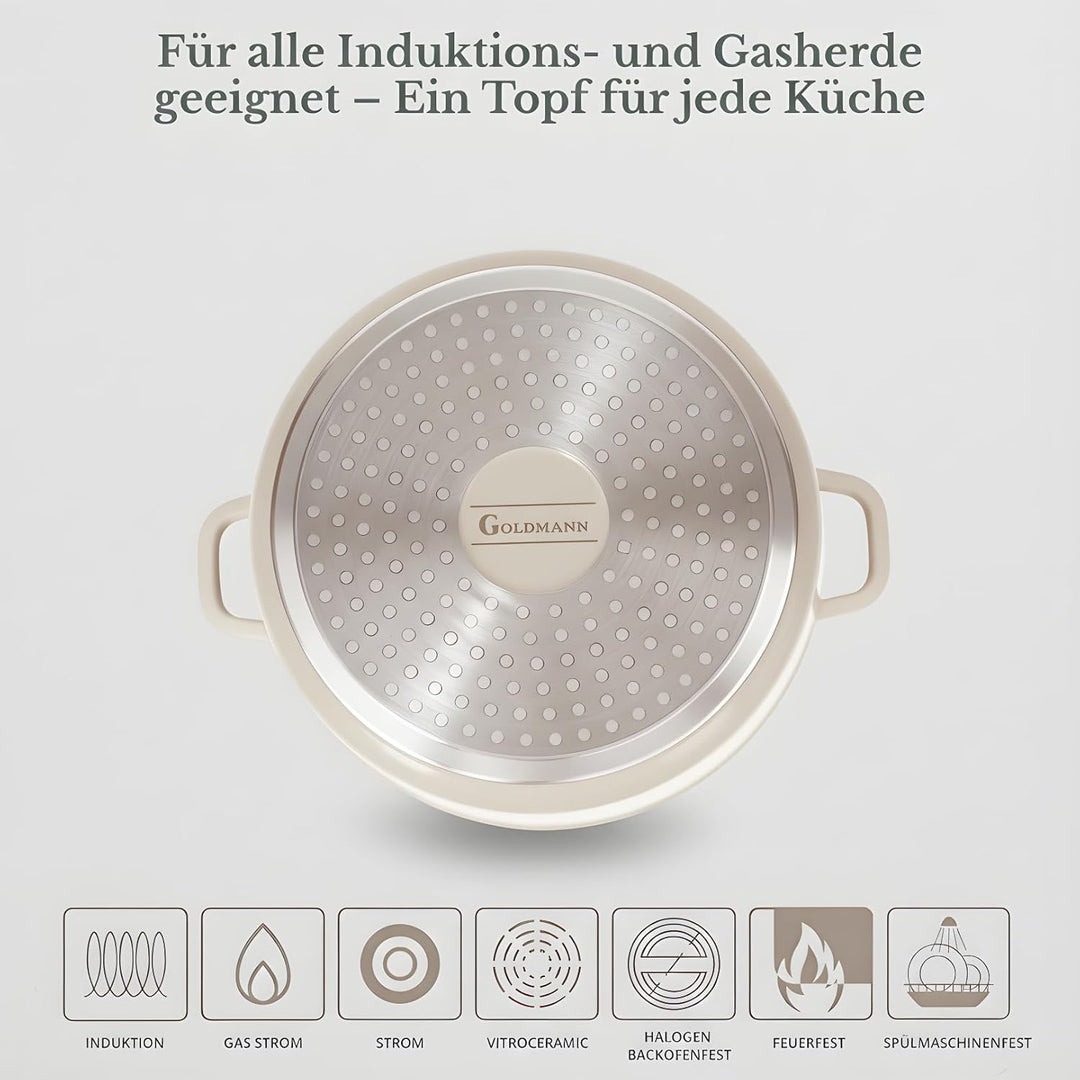 GOLDMANN 28 CM (10L) Aluguss-Kochtopf/Suppentopf mit Glasdeckel, Marmor-Keramik-Antihaftbeschichtung
