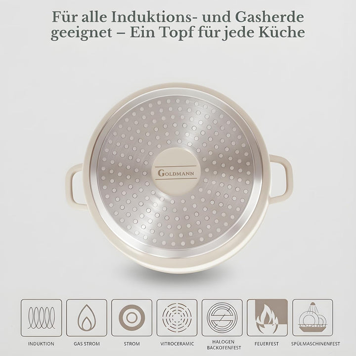 GOLDMANN 20 CM Aluguss Kochtopf 4L | Suppentopf Schmortopf induktionsgeeignet mit Keramik Antihaftbe