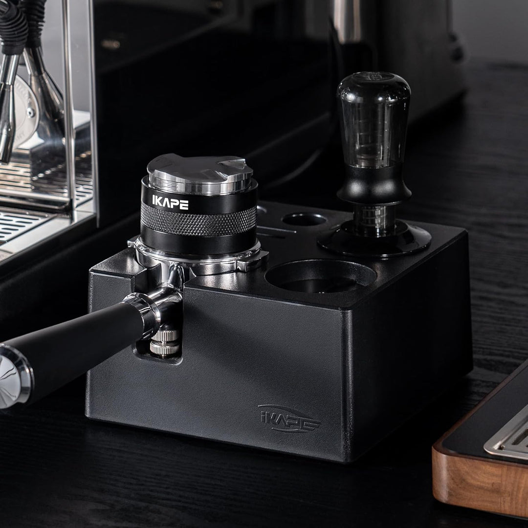 IKAPE 58 mm Espresso-Werkzeugset, schwarz, 8-in-1: Kaffeetamper, Verteiler, Magnettrichter, Pucksieb