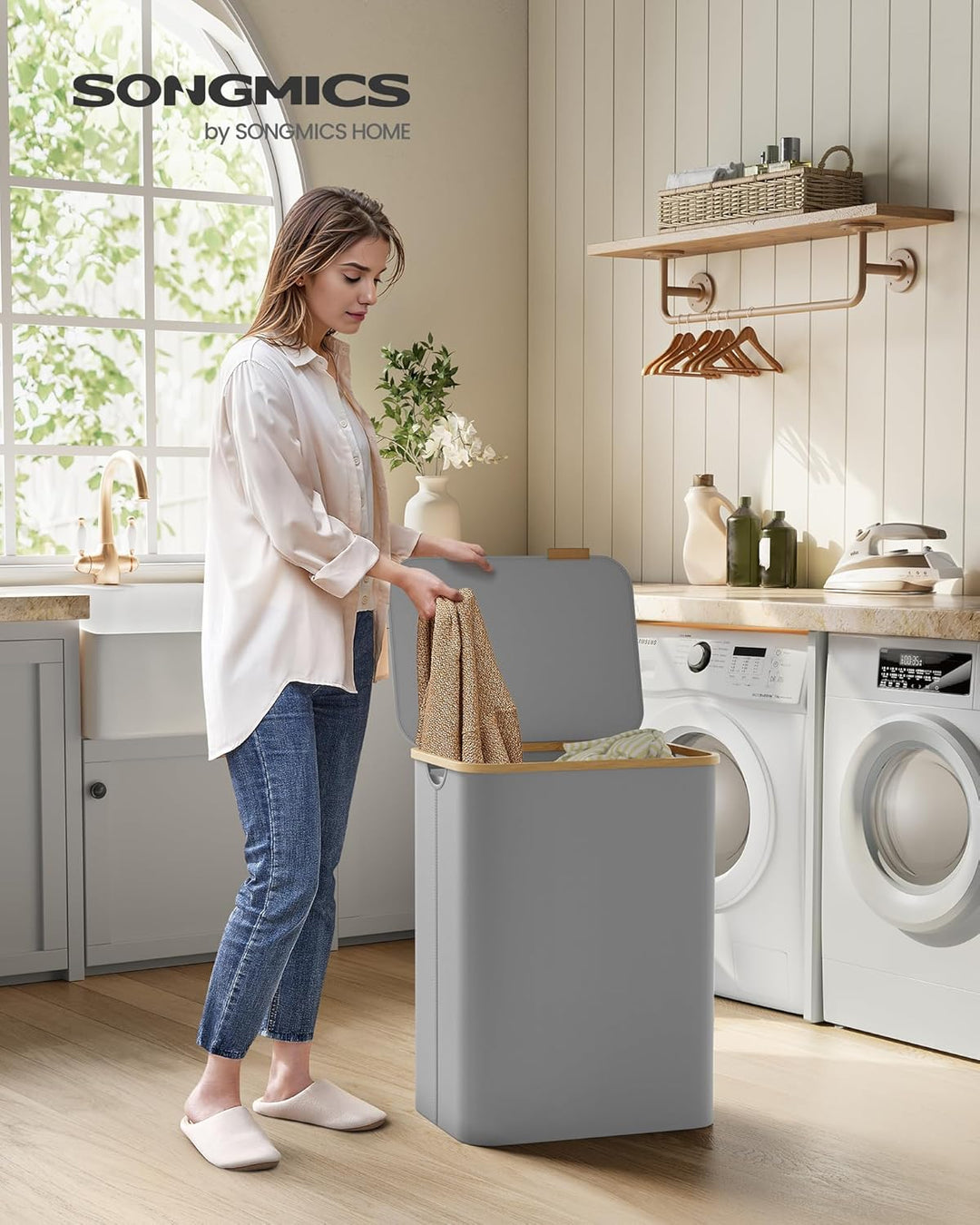 SONGMICS Wäschekorb mit Deckel, Wäschesammler mit 2 Fächern, 130 L, herausnehmbarer Wäschesack, Oxfo