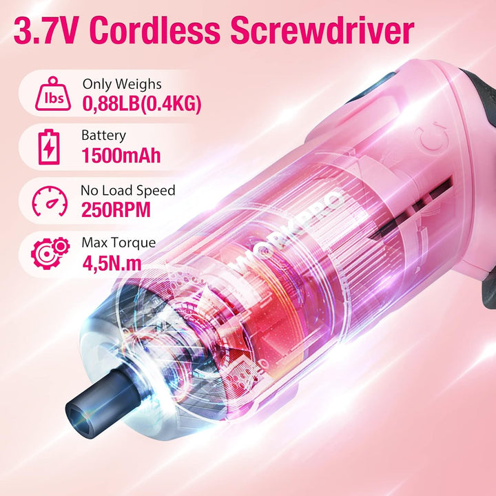 WORKPRO Werkzeugset Rosa pink 18 tlg. mit USB C Akkuschrauber klein, pinker Werkzeugkoffer gefüllt H