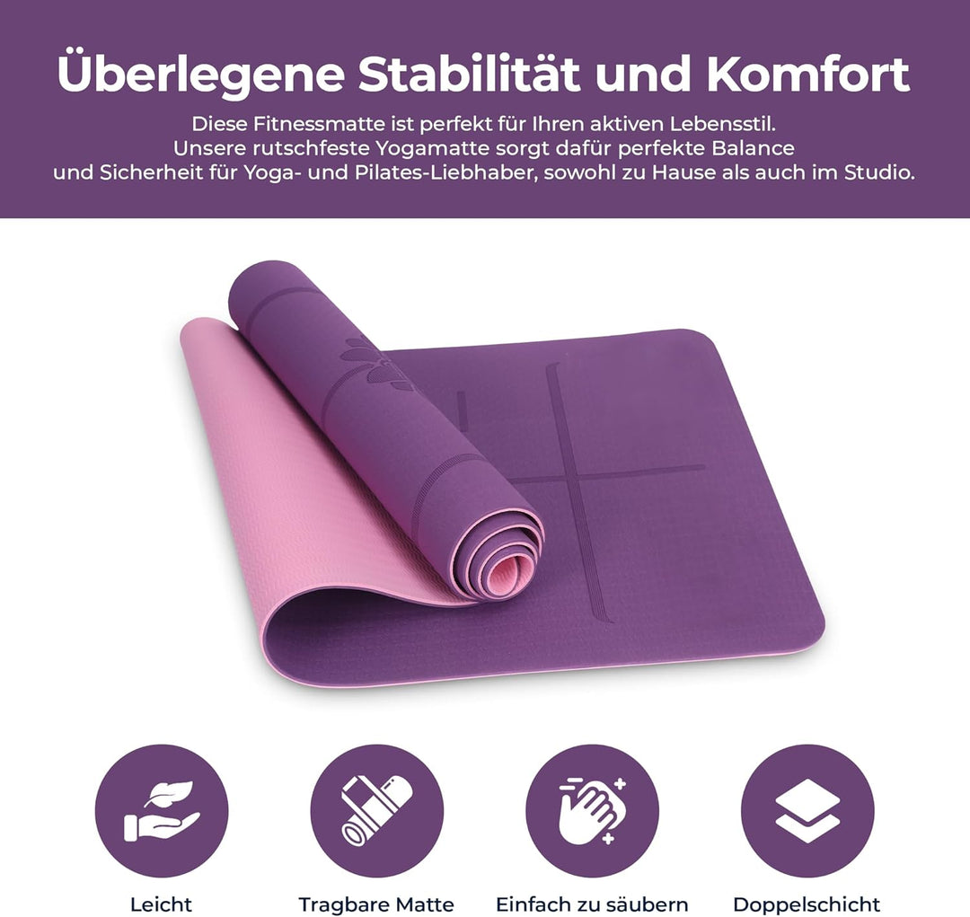 Habib Yogamatte Set mit Yogablöcken – Rutschfeste gepolsterte Fitnessmatte inkl. Tragetasche mit Sch