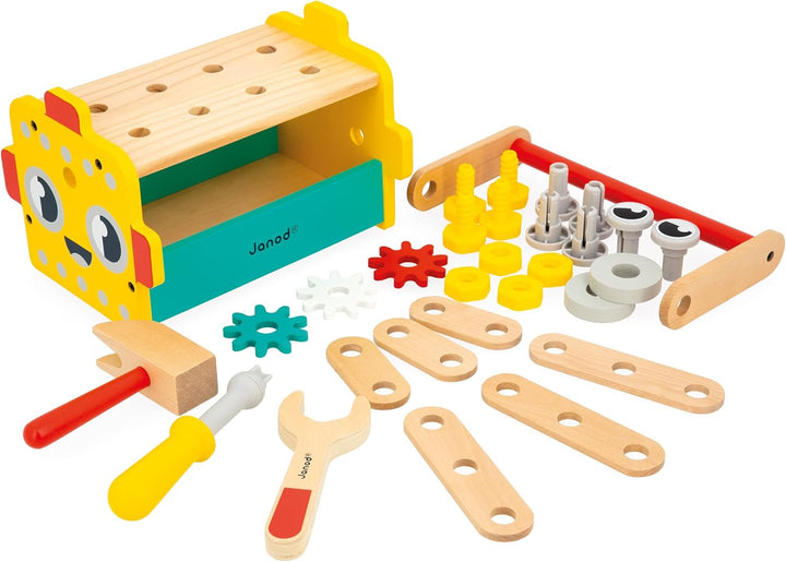 Janod - Mein erstes Konstruktionsspiel - Roboter-Werkzeugkasten - 30 Zubehörteile - Rollenspiel - Fö