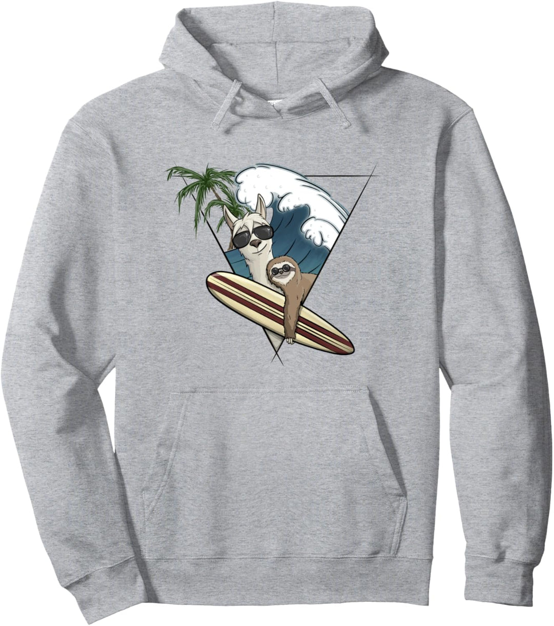 Surfer Lama und Faultier mit Longboard Welle und Palmen Pullover Hoodie