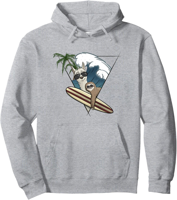 Surfer Lama und Faultier mit Longboard Welle und Palmen Pullover Hoodie