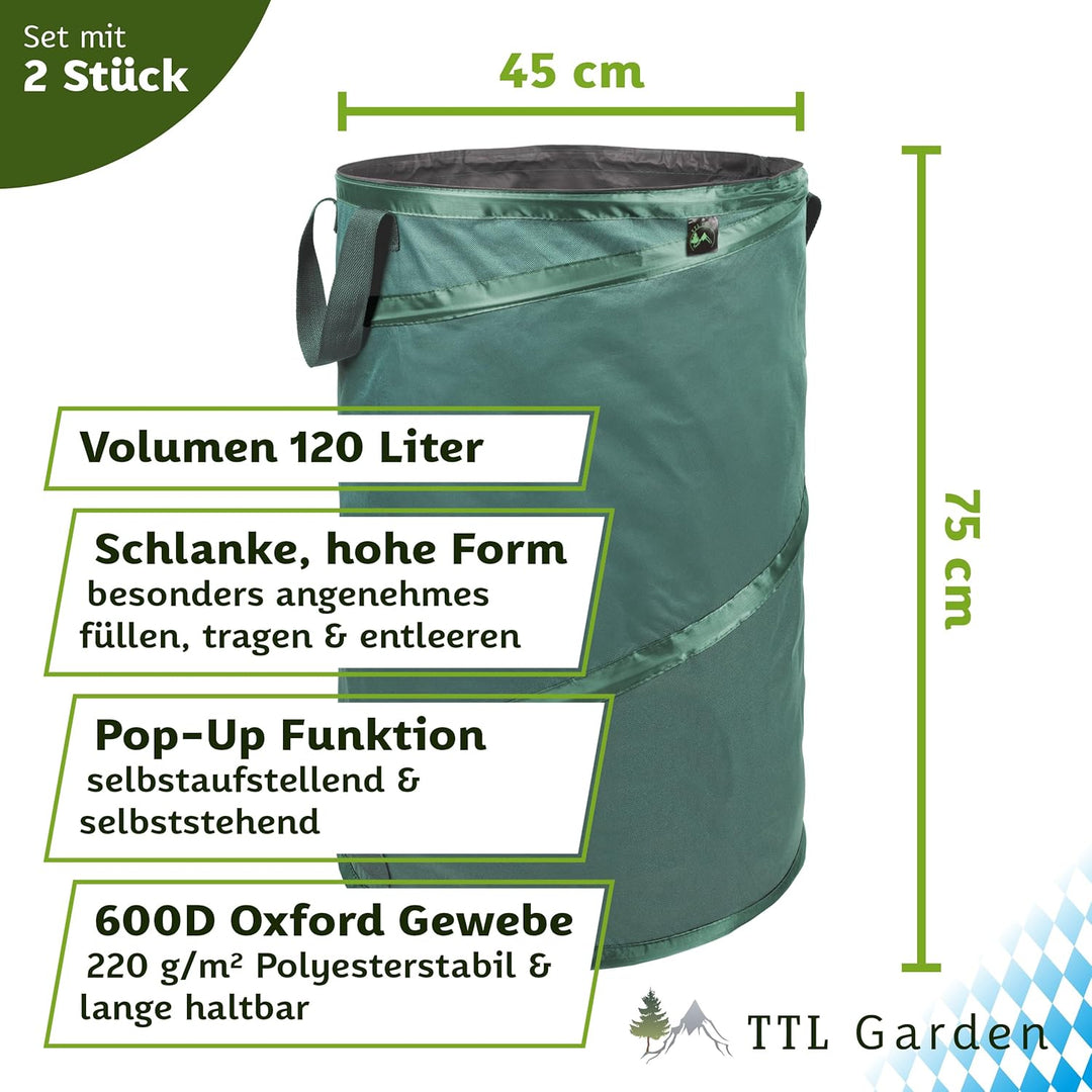 TTL Garden 2x 120L Premium Pop Up Gartensack - 220gsm 600D Oxford Gewebe selbstaufstellend robust &