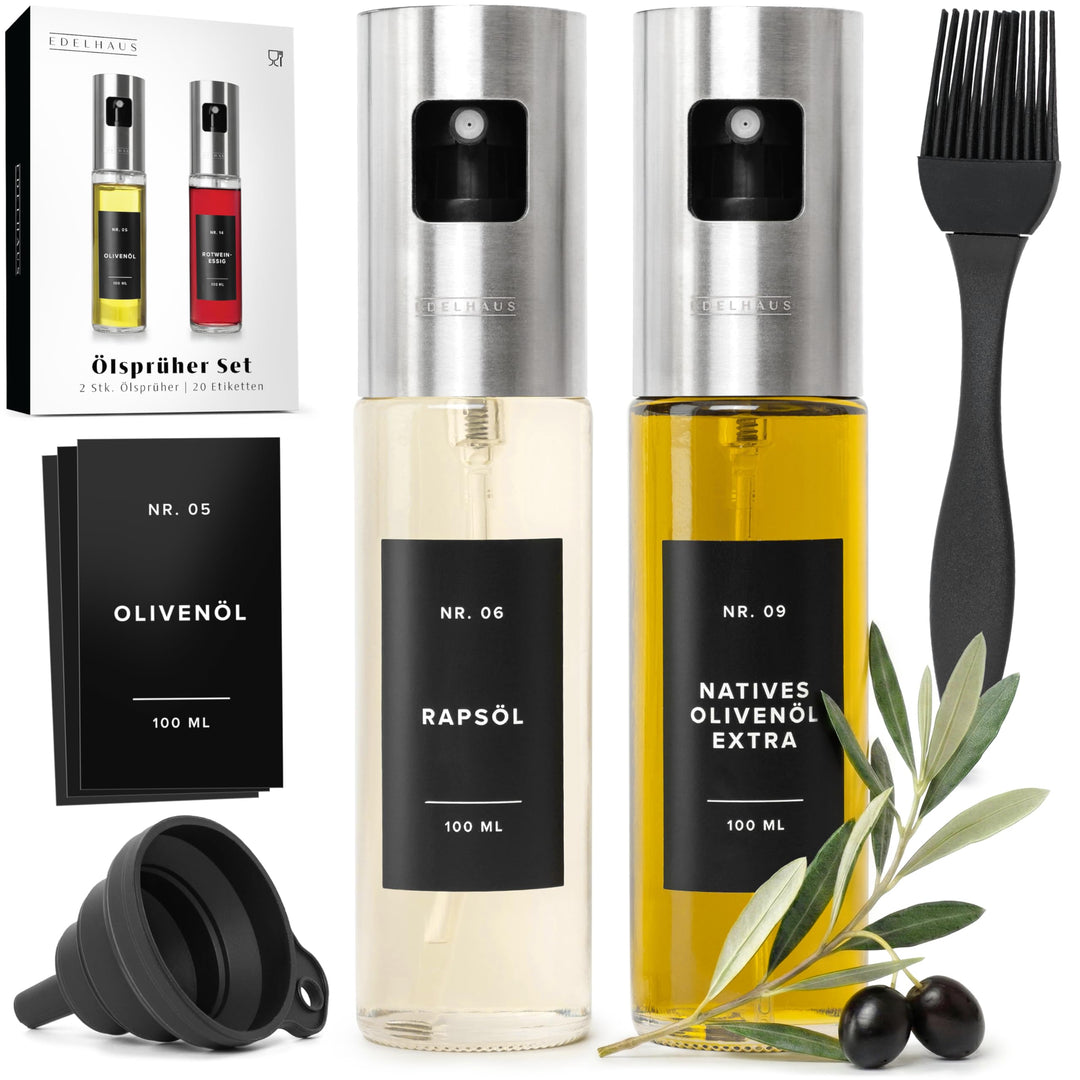 Ölsprüher 2er Set - Hochwertige Öl-Sprühflasche aus Edelstahl & Glas, für gesundes Kochen I Sprüher