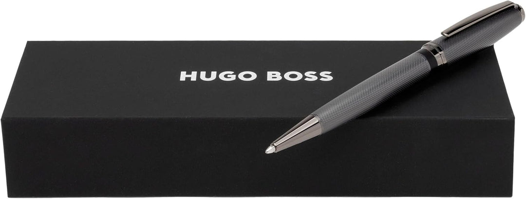 Hugo Boss Stream Kugelschreiber aus Messing in der Farbe Gun, Länge: 14,5cm, Minenfarbe: Blau, HSW37