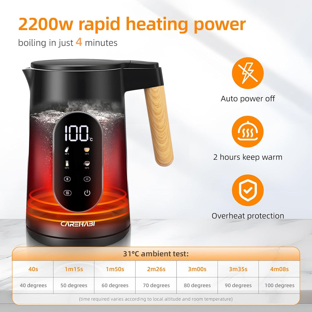 Carehabi Wasserkocher mit Temperatureinstellung 1.7 Liter Wasserkocher Edelstahl Schwarz 40°C-100°C