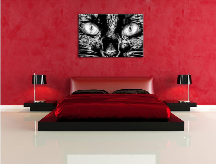 Pixxprint Katze mit orangenen Augen, 100x70cm Leinwandbild bespannt auf Holzrahmen/Wandbild Kunstdru