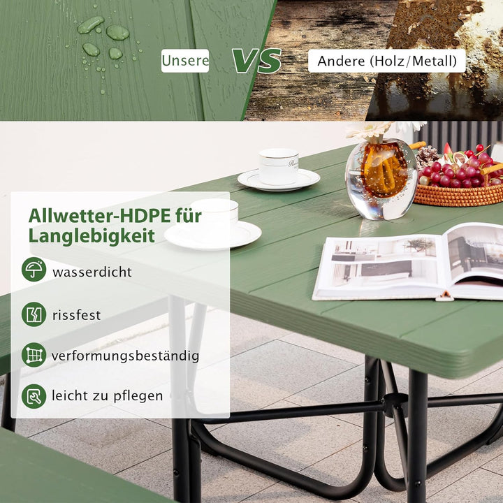 COSTWAY Sitzgarnitur für 8 Personen, Picknicktisch mit Schirmloch & 4 Bänken, quadratischer Gartenti