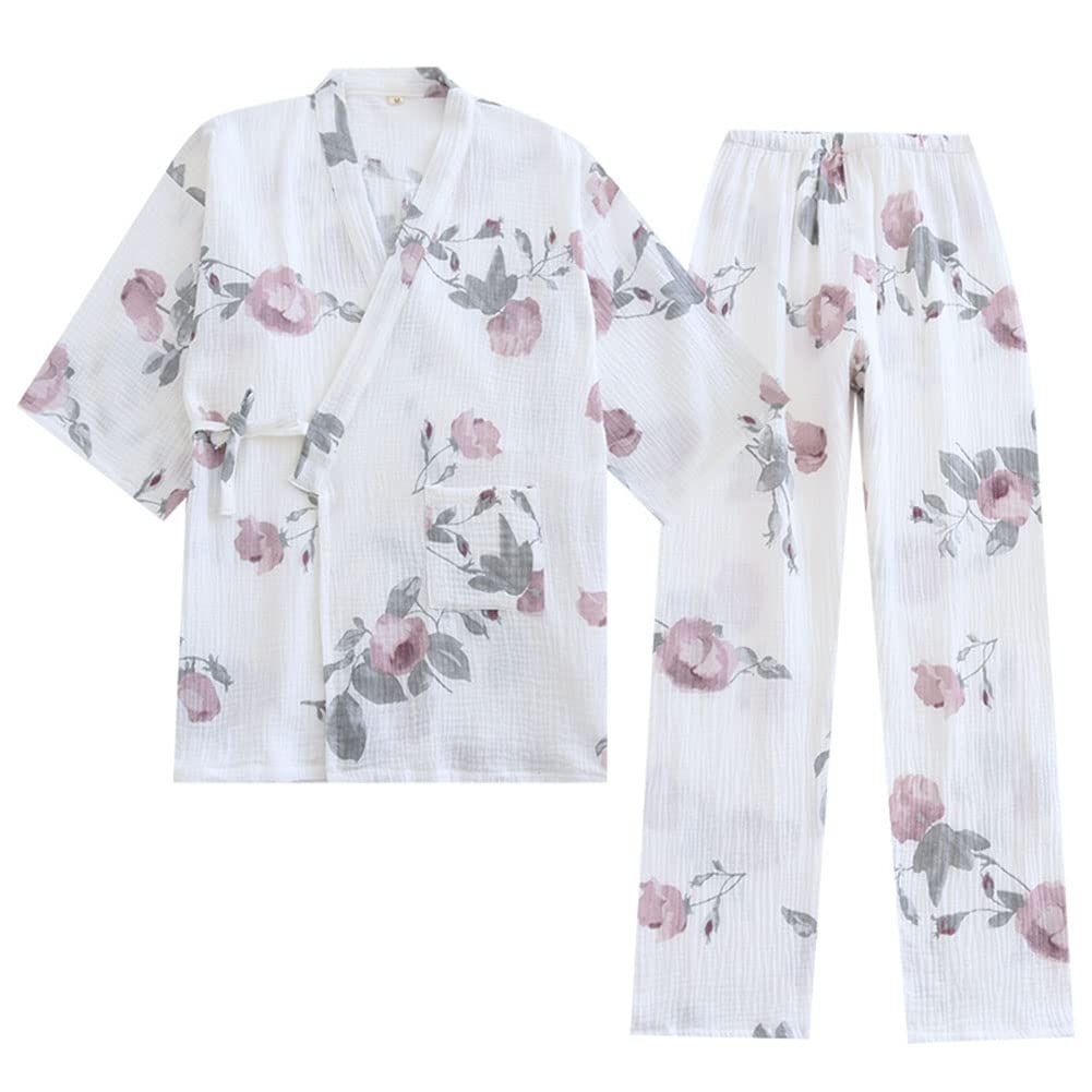 OWLONLINE Weicher, Reiner Pyjama aus Baumwollkrepp für Damen, japanischer Kimono-Pyjama, Grösse L-C3