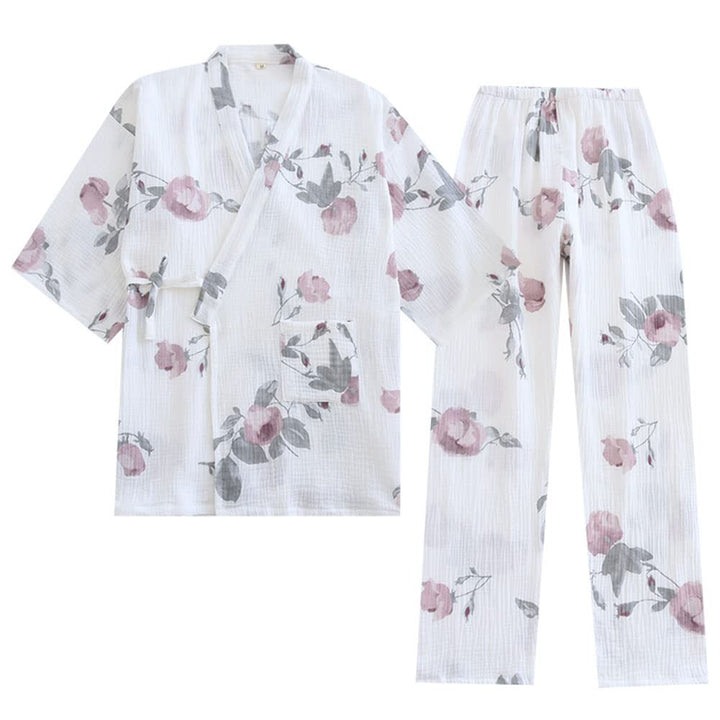 OWLONLINE Weicher, Reiner Pyjama aus Baumwollkrepp für Damen, japanischer Kimono-Pyjama, Grösse L-C3