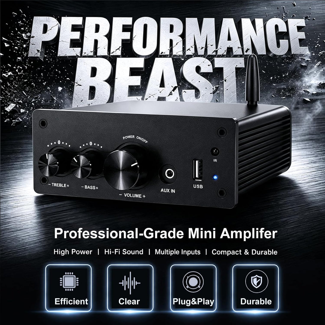 LONPOO Mini Bluetooth Hifi-Verstärker 200W mit Fernbedienung, Optical, COAX, USB, AUX-Eingang, 2 Kan