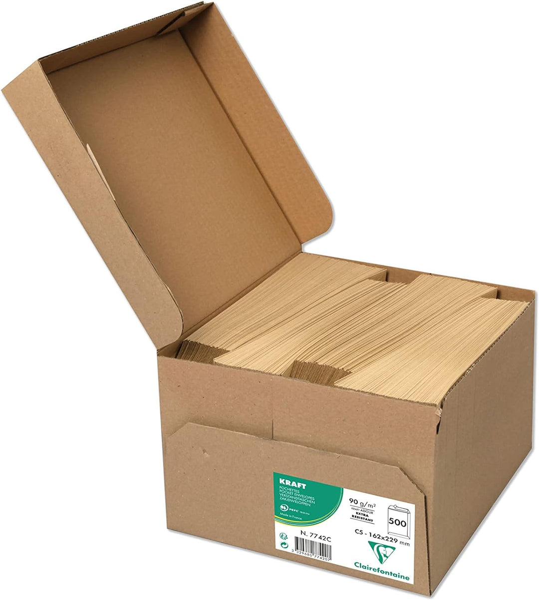 Clairefontaine 7742C - Karton mit 500 Versandtaschen Kraftbraun C5-162x229 mm, selbstklebend, 90g, 1