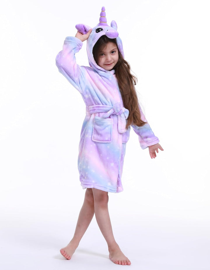Bademantel für Mädchen, Weicher Flanell Schlafanzug mit Kapuze, Warme Kinder Hausbekleidung für 3-11