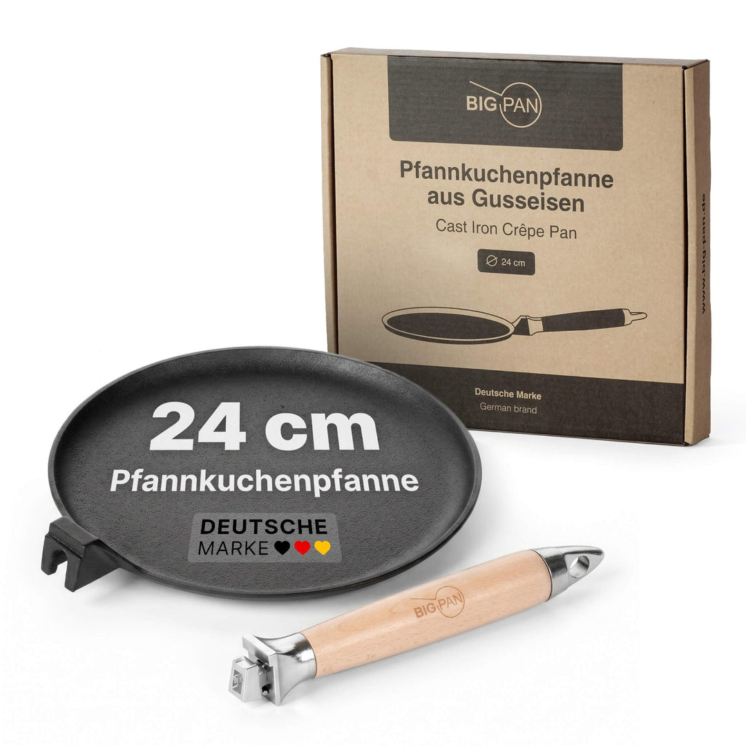 Premium Crêpepfanne Induktion 24 cm Pfannkuchenpfanne Pfanne Gusseisen UNBESCHICHTET sandgestrahlt u