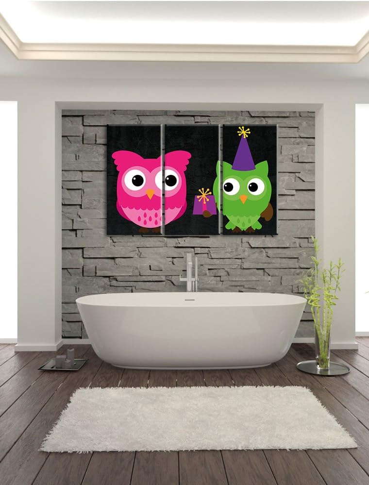Pixxprint Eulen mit Geschenk als Leinwandbild/Grösse: 3 Teilig (120x80) cm/Wandbild/Kunstdruck/ferti