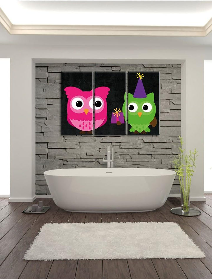 Pixxprint Eulen mit Geschenk als Leinwandbild/Grösse: 3 Teilig (120x80) cm/Wandbild/Kunstdruck/ferti